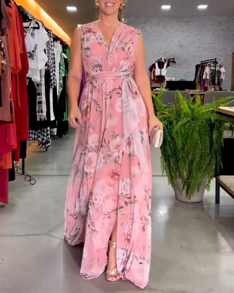 WW | Elegantes, Ärmelloses Kleid mit Blumendruck und V-Ausschnitt