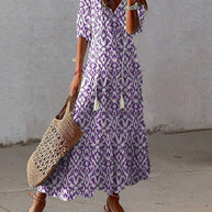 WW - Maxikleid im Boho-Ikat-Print mit Quastenbändern | Lässiges Maxikleid im Bohemian-Stil mit V-Ausschnitt