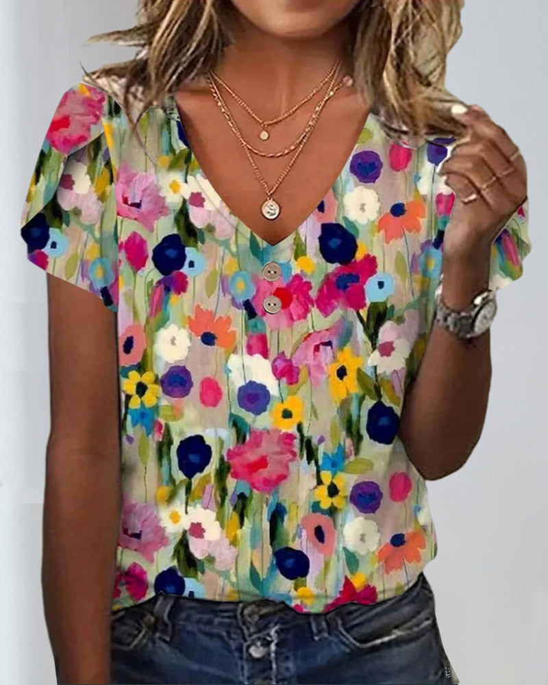 WW | Kurzärmlige Farbenfrohe Blumenbluse mit V-Ausschnitt