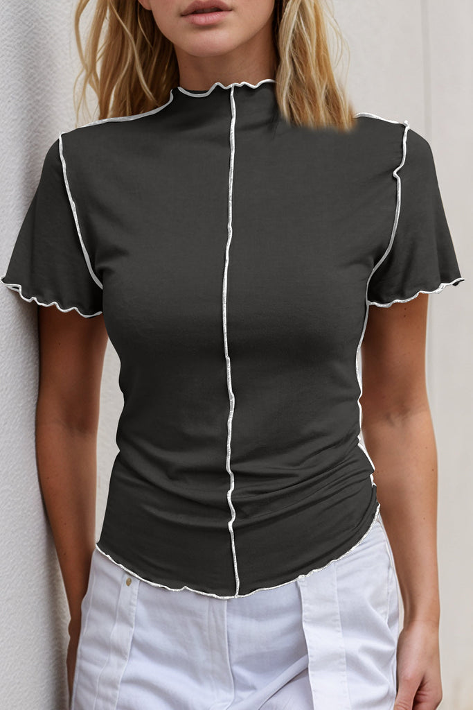 WW | Basic Bae Kontrastbesatz Mock Neck Kurzarm T-Shirt