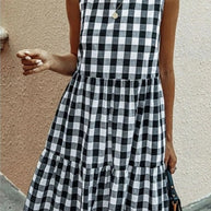 WW | Mode, Locker Geschnittenes Damenkleid mit Rundhalsausschnitt, Kariert Pastelmittelrock