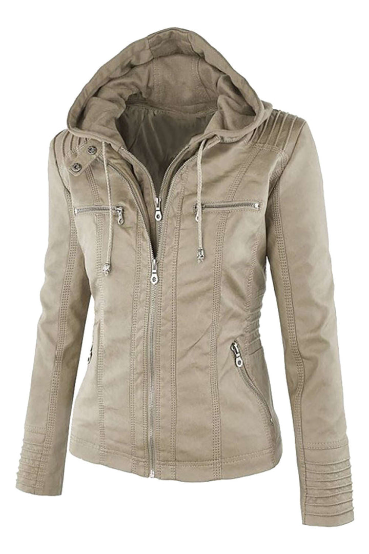 W&W Mode | Damen Kunstleder Kapuzenjacke Mit Reißverschluss