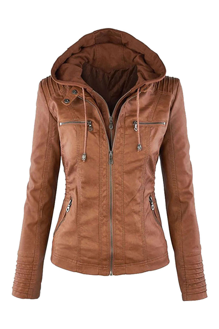 W&W Mode | Damen Kunstleder Kapuzenjacke Mit Reißverschluss