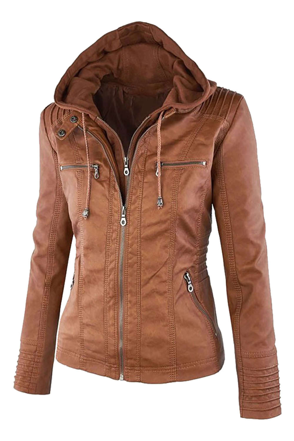 W&W Mode | Damen Kunstleder Kapuzenjacke Mit Reißverschluss