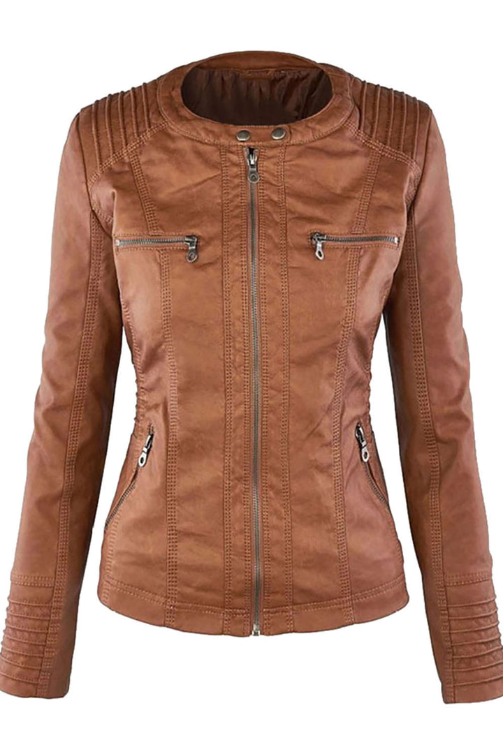 W&W Mode | Damen Kunstleder Kapuzenjacke Mit Reißverschluss