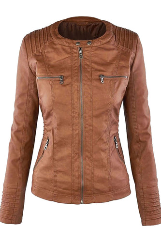 W&W Mode | Damen Kunstleder Kapuzenjacke Mit Reißverschluss