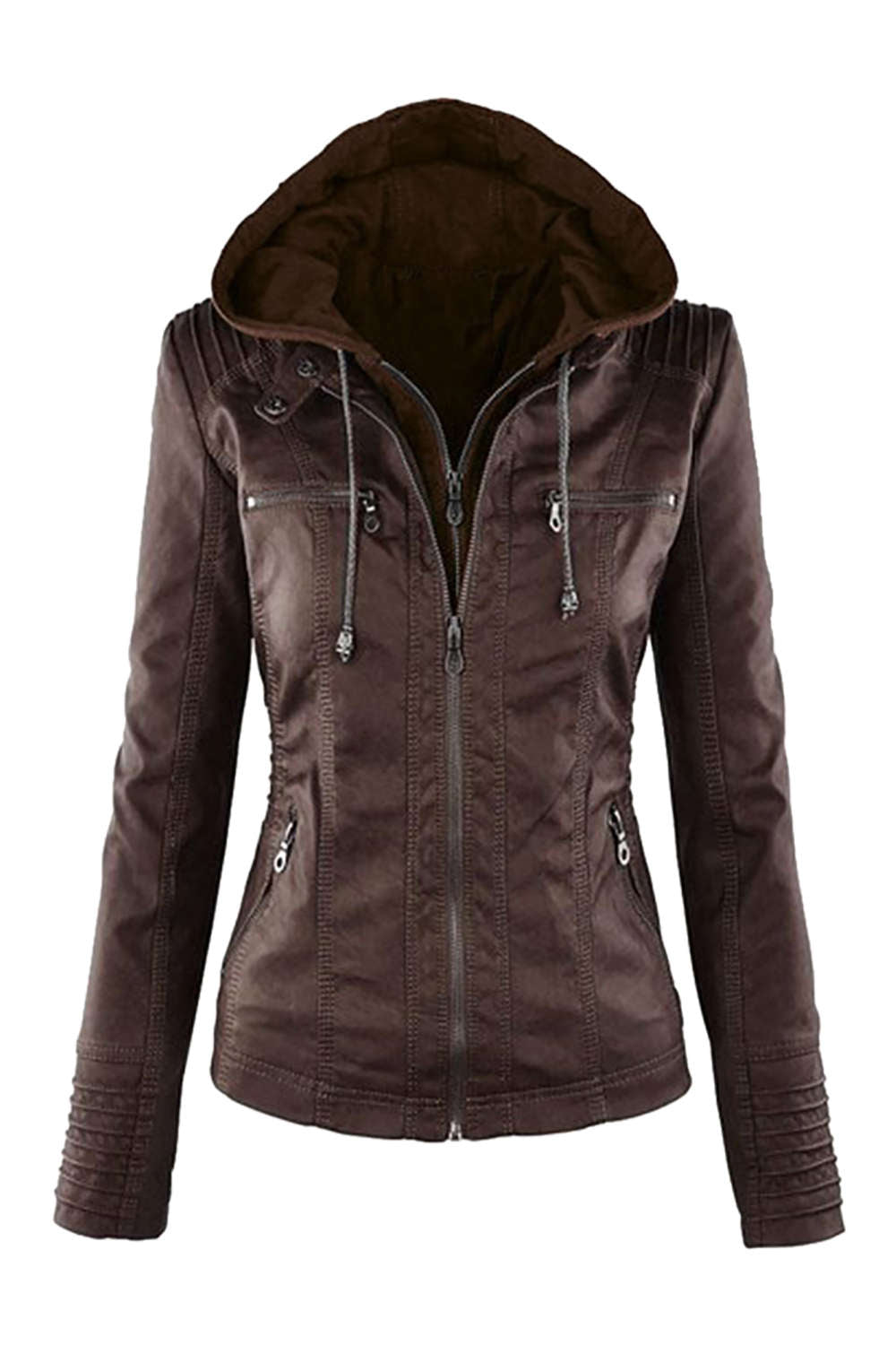 W&W Mode | Damen Kunstleder Kapuzenjacke Mit Reißverschluss