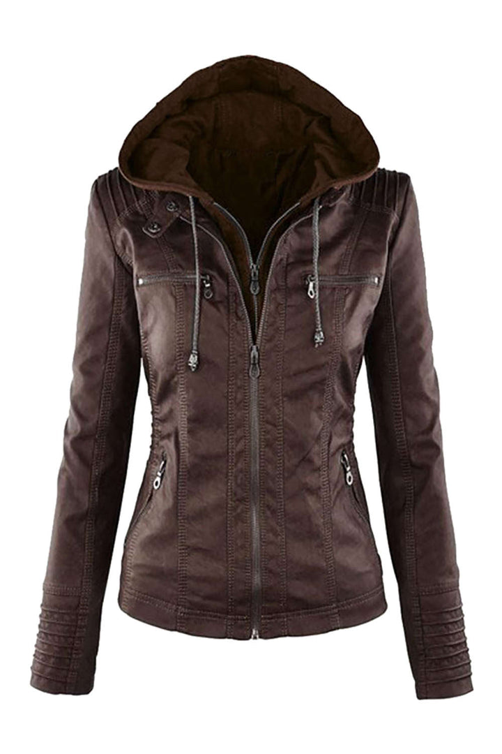 W&W Mode | Damen Kunstleder Kapuzenjacke Mit Reißverschluss