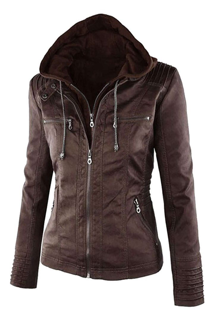 W&W Mode | Damen Kunstleder Kapuzenjacke Mit Reißverschluss