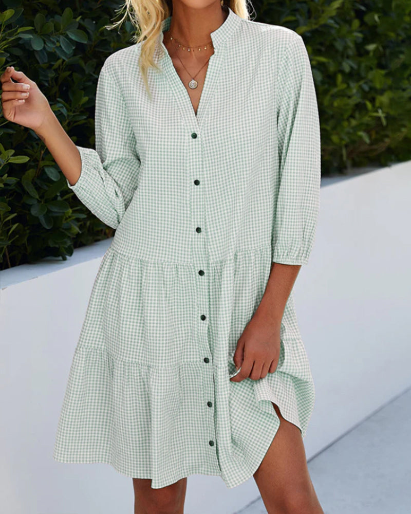 W&W Mode - kariertes A-Linien-Kleid mit Knopfleiste für Damen | ähnelt einem Hemdblusenkleid