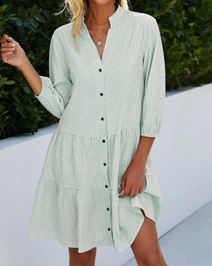 W&W Mode - kariertes A-Linien-Kleid mit Knopfleiste für Damen | ähnelt einem Hemdblusenkleid