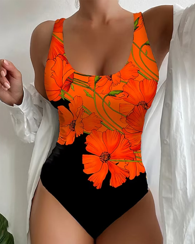 W&W Mode | Badeanzug mit orangefarbenem Blumenmuster