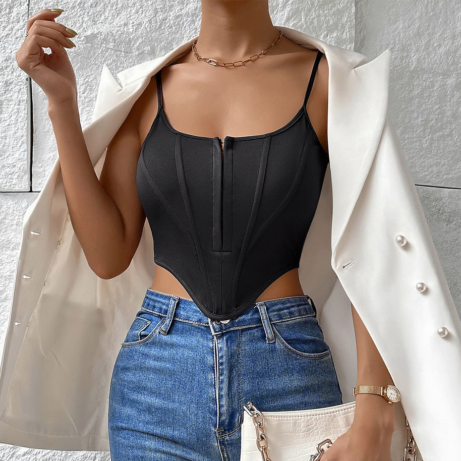 WW | Einreihiger Sling Crop Corsage Tank Sommermode Slim Spaghettiträger Top für Damen Kleidung
