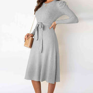 WW | Rundhalsausschnitt Langarm Knoten Taille Pullover Kleid