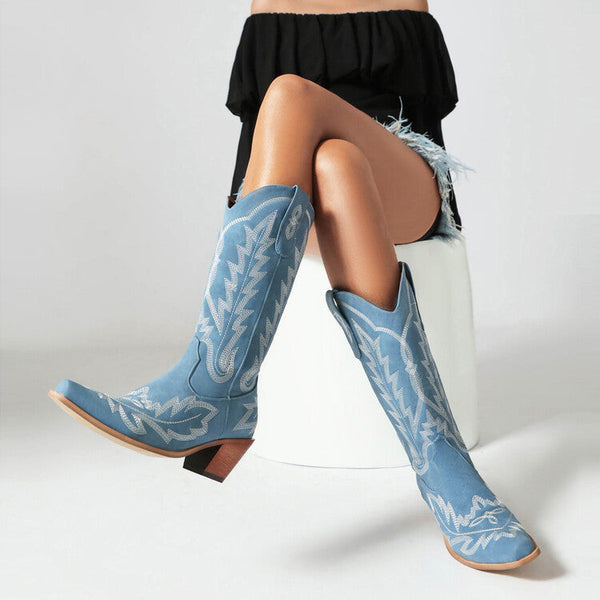 WW | Bestickte Lange Kniehohe Stiefel Spitz Zehe Chunky Absatz Hoher Absatz
