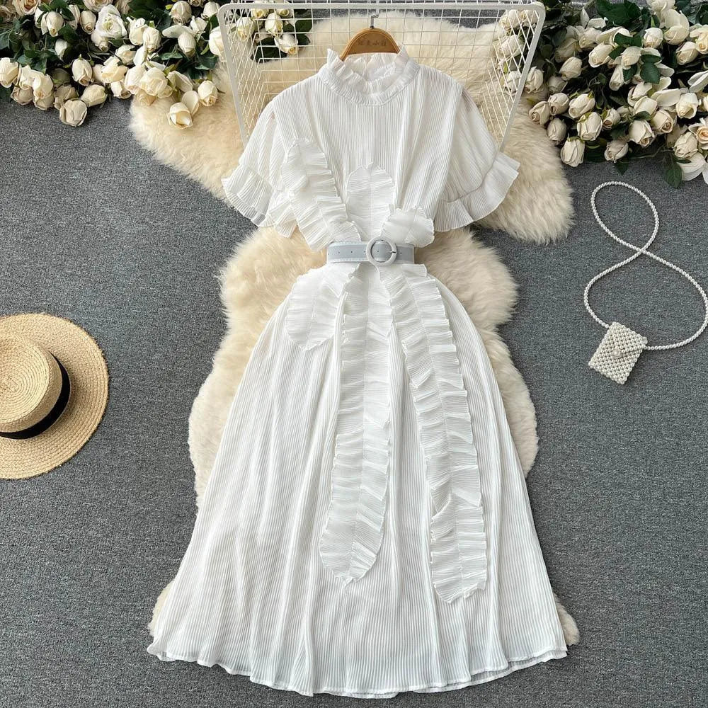WW | Langarm Maxikleid mit plissierten Volants