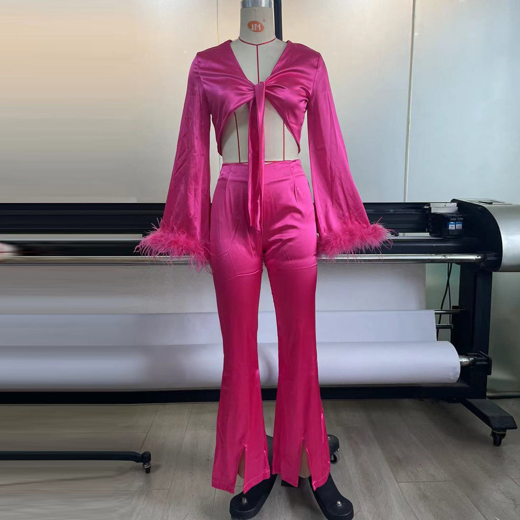WW | Feder Langarm Plüschstich Sexy Bauchfrei Outfit Split Hosen Lässiger Anzug