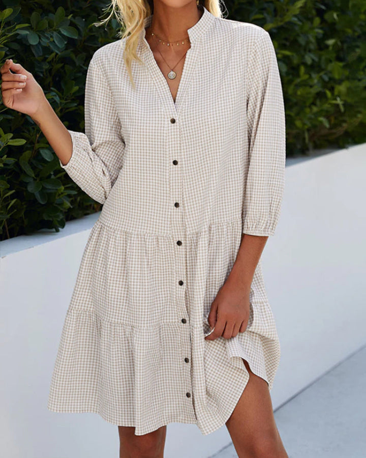 W&W Mode - kariertes A-Linien-Kleid mit Knopfleiste für Damen | ähnelt einem Hemdblusenkleid