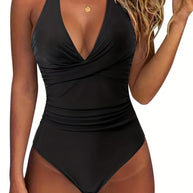 WW Neckholder-Badeanzug mit V-Ausschnitt und Aufdruck