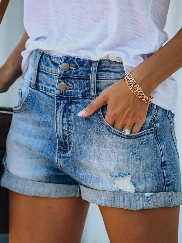 WW | Damen Denim Shorts Zerrissen Gerollt Stretch Hohe Taille Denim Shorts