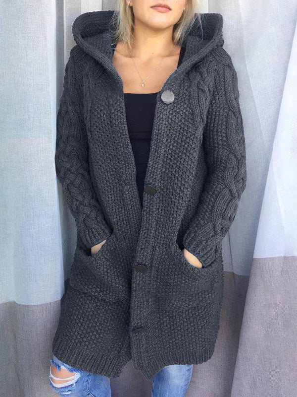 WW | Frauen Strickjacken Einfarbig Ein-Knopf Tasche Kapuze Strickjacke