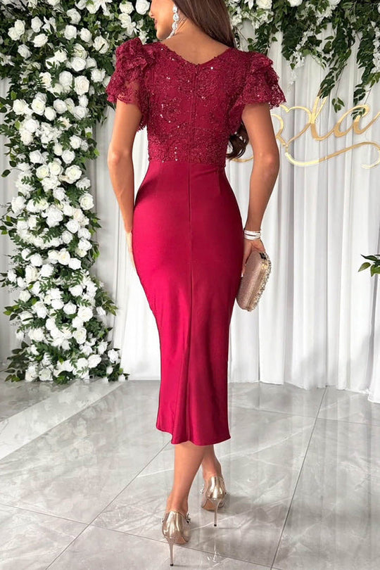 WW | Traumhafte Luxus Spitze und Satin Patchwork Rüschenausgestellte Midi Kleid