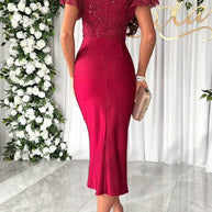 WW | Traumhafte Luxus Spitze und Satin Patchwork Rüschenausgestellte Midi Kleid