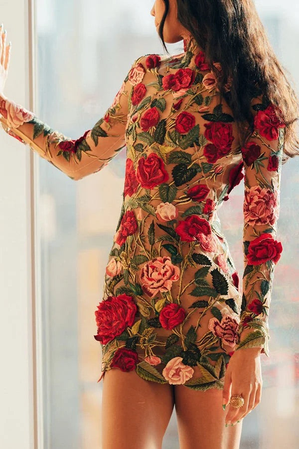 WW | Rosie Moments Floral Applikation Langarm Mini Kleid