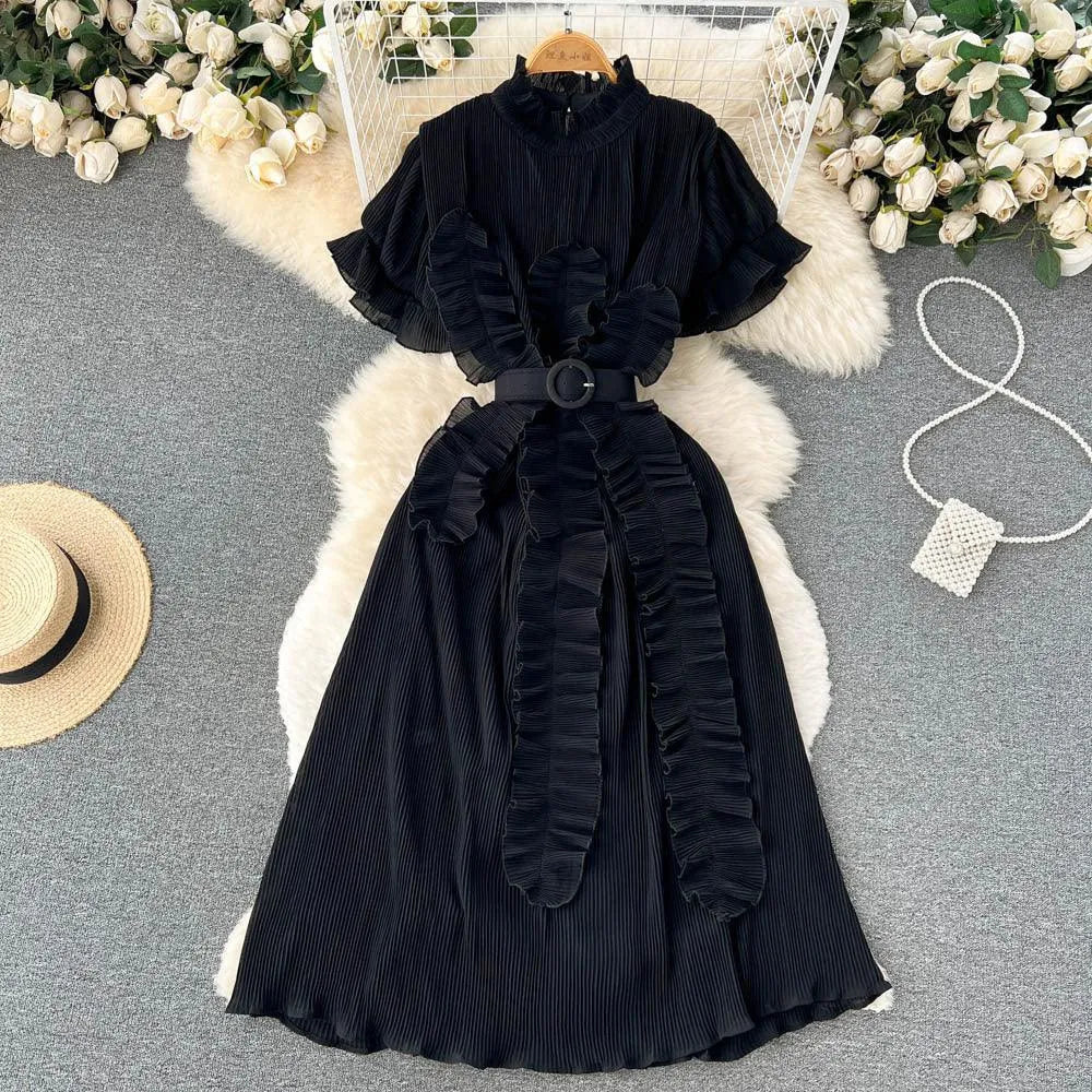 WW | Langarm Maxikleid mit plissierten Volants