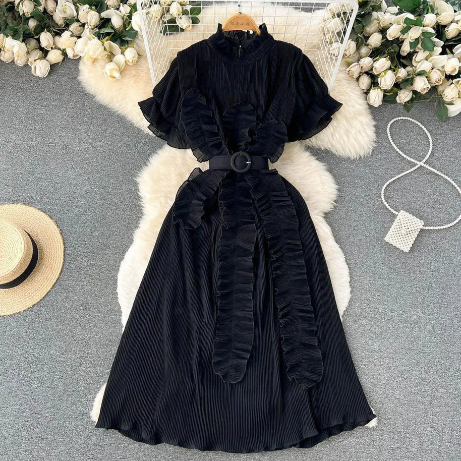 WW | Langarm Maxikleid mit plissierten Volants