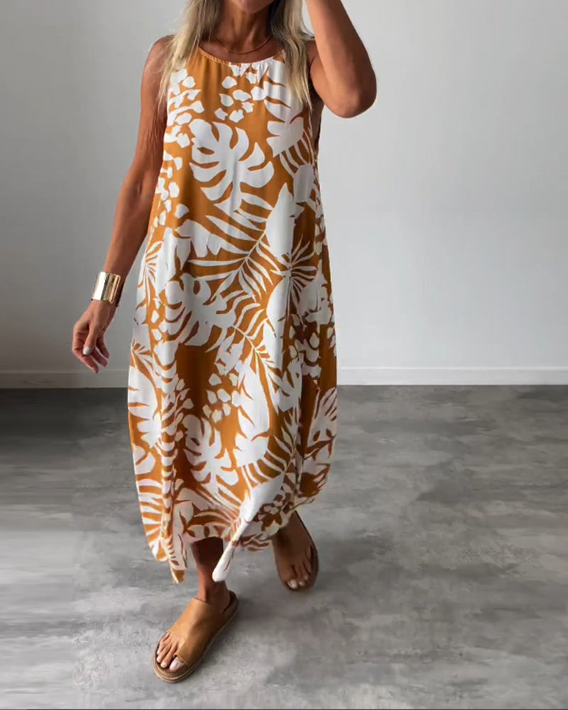WW | Lässiges, Ärmelloses Kleid mit Blattmuster