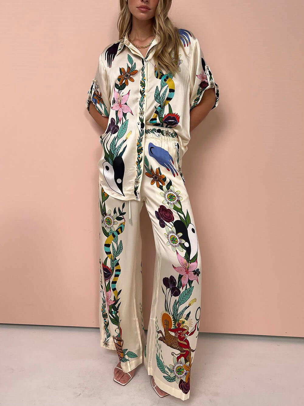 Damen Satin-Zweiteiler mit Blumenprint
