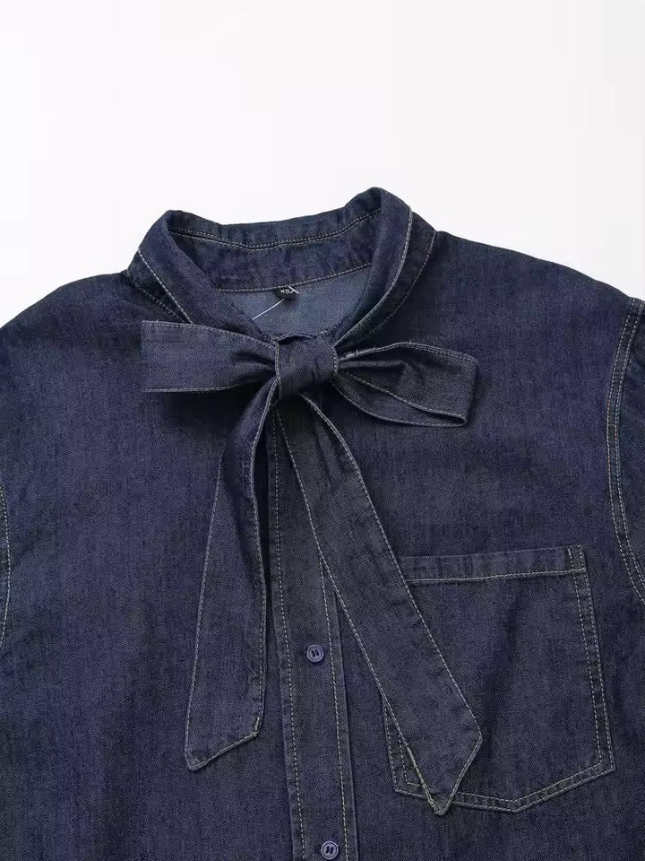 W&W Mode | Dunkle Denim Bluse Mit Schleifenkragen