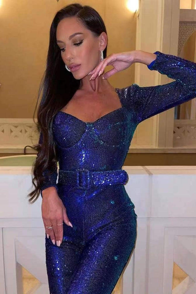 W&W Mode Damen Pailletten Jumpsuit Elegant Party Overall Langarm