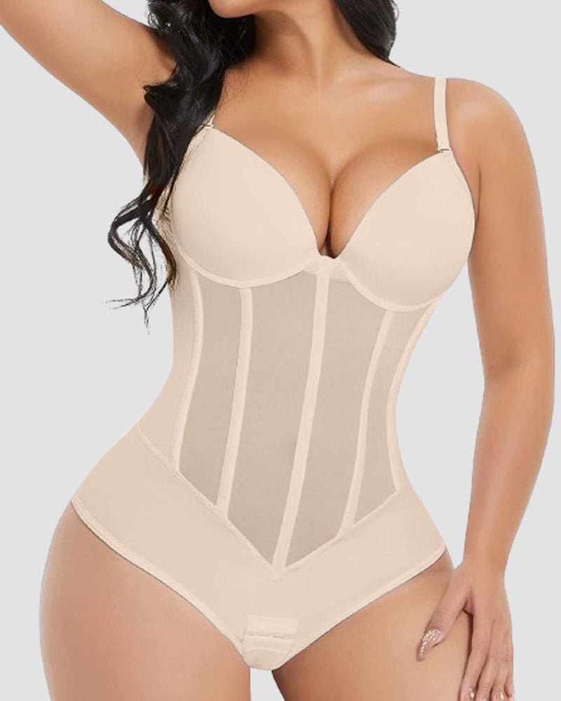 Damen Bauch Kontrolle Tanga schiere Mesh Korsett Top rückenfrei Bodysuit