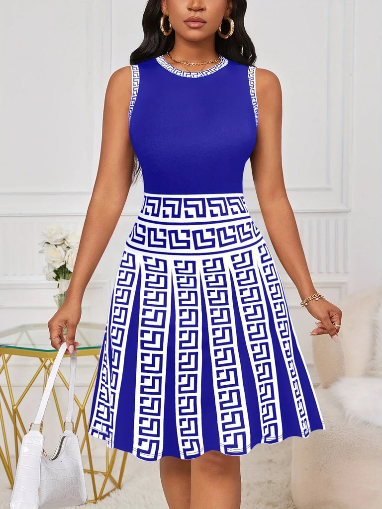 WW | Sommerkleid mit Geometrischem Druck Ohne Ärmel, Elastische A-Linie