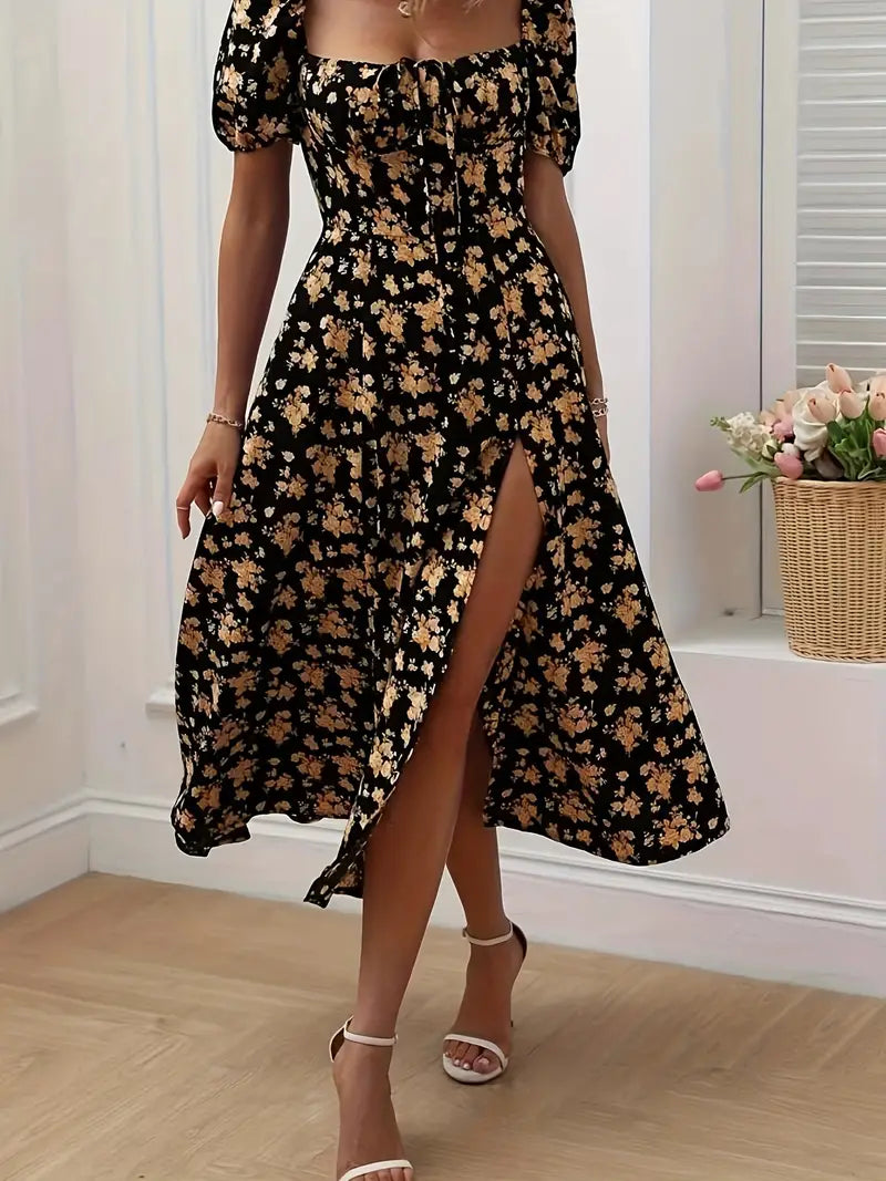WW | Schickes Kleid mit Puffärmeln Im A-Linien-Stil mit Blumendruck