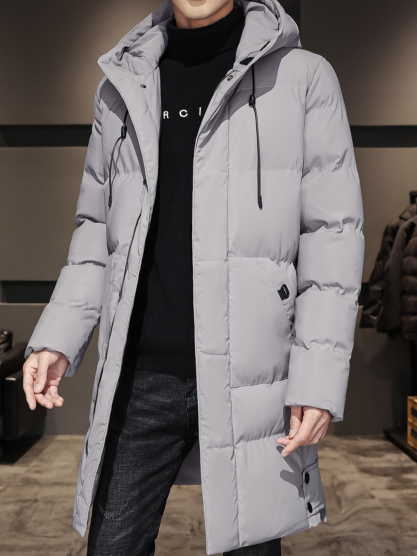 WW |  Schwarze Gepolsterte Lange Jacke Mit Kapuze Baumwoll Winterjacke Für Herren - Perfekt für Outdoor Aktivitäten