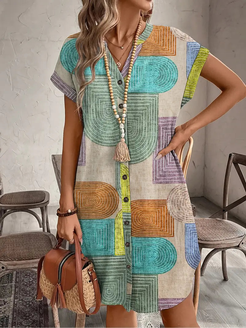 WW | Sommerhemd mit Geometrischem Druck V-Ausschnitt und Knopfverschluss Elegantes Midikleid