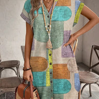 WW | Sommerhemd mit Geometrischem Druck V-Ausschnitt und Knopfverschluss Elegantes Midikleid