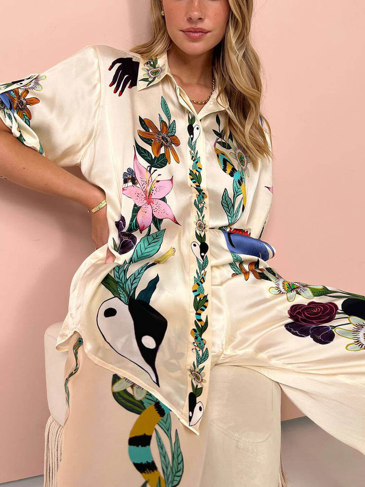 Damen Satin-Zweiteiler mit Blumenprint