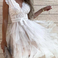 WW | Damen Kleider V-Ausschnitt Spitze Mesh Unregelmäßiges Kleid