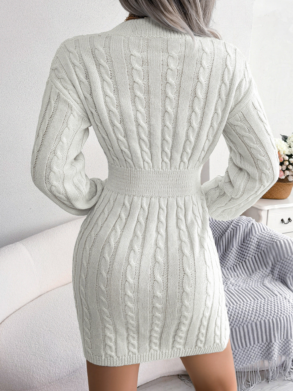 WW | Schicke Herbst Kabelstrick V-Ausschnitt Mini Kleid für Frauen