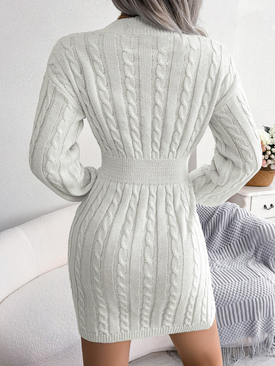 WW | Schicke Herbst Kabelstrick V-Ausschnitt Mini Kleid für Frauen