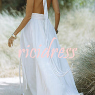 WW Whispers – Drapiertes Maxikleid aus Leinenmischung mit tiefem V-Ausschnitt, Neckholder und rückenfreiem Überzug
