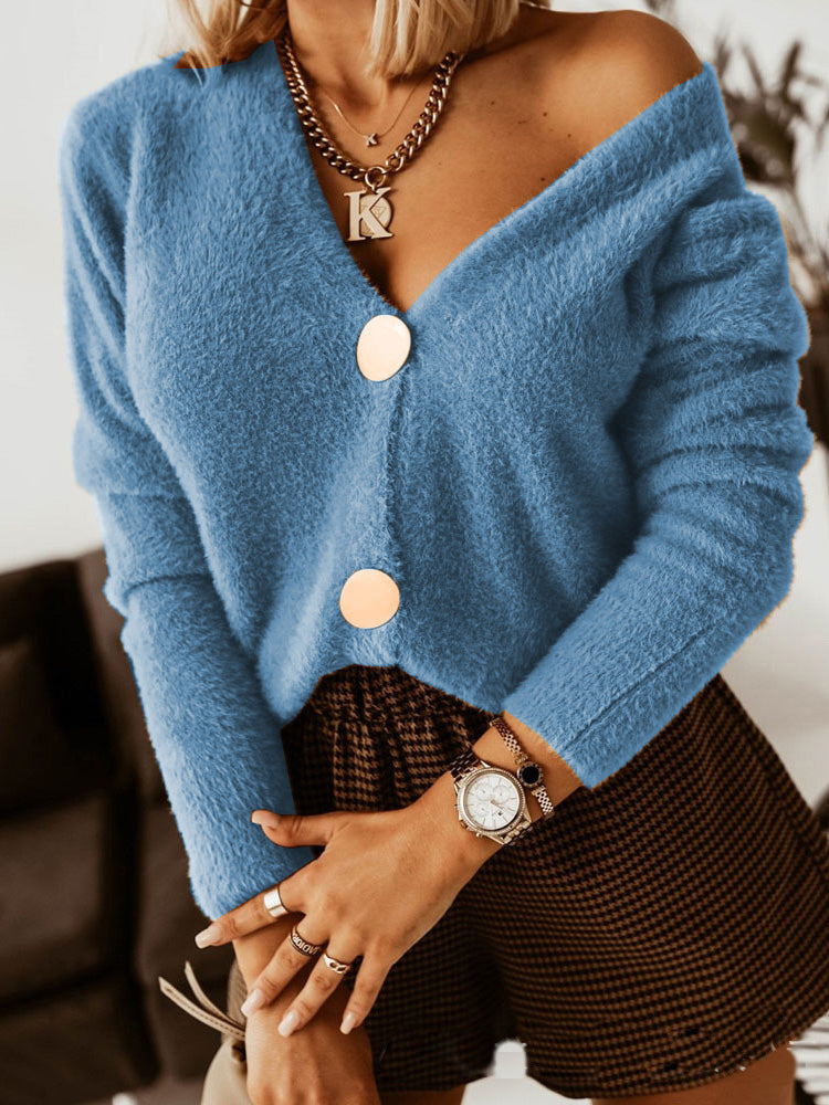 WW | Frauen Pullover Solid Pelz Knopf Langarm Pullover
