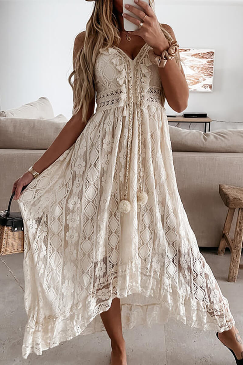WW | Midi-Kleid Lachsfarben mit Spitze und Rüschen