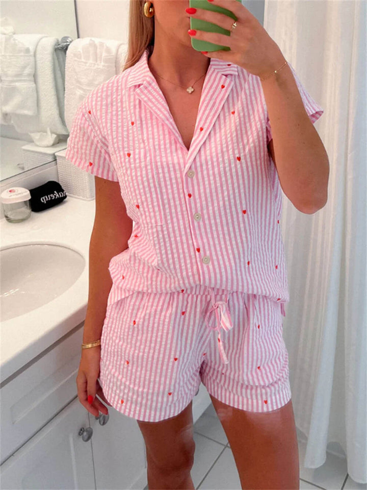 W&W Mode | Zweiteiliges Pyjama Satz mit Hemd mit Knopfleiste und Kurze Hosen mit Elastischer Taille