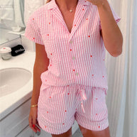 WW | Zweiteiliges Pyjama Satz mit Hemd mit Knopfleiste und Kurze Hosen mit Elastischer Taille