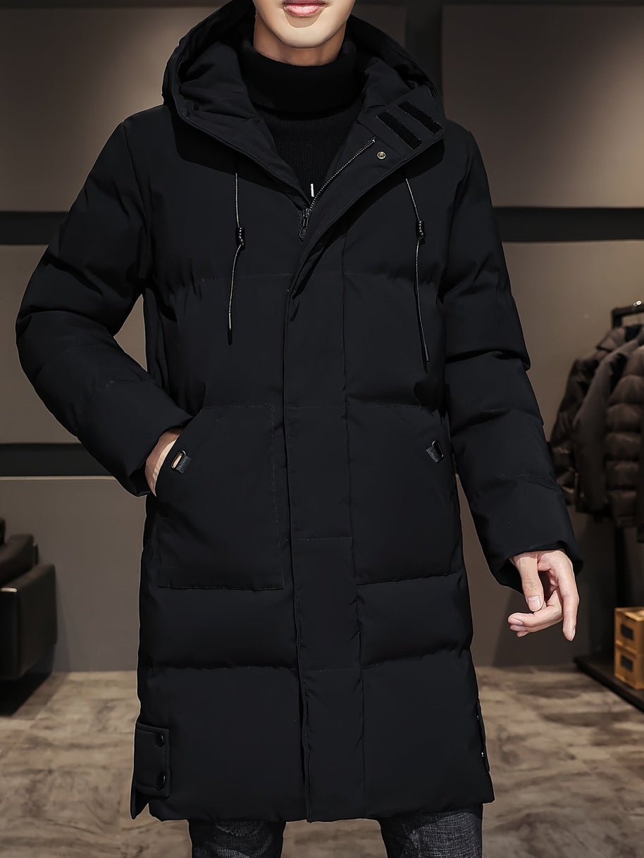 WW |  Schwarze Gepolsterte Lange Jacke Mit Kapuze Baumwoll Winterjacke Für Herren - Perfekt für Outdoor Aktivitäten